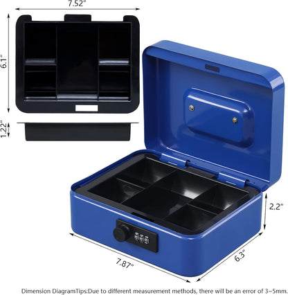 KYODOLED Cash Box with Combination Lock Safe Metal Money Box with Money Tray for Security Lock Box 7.87"x 6.30"x 3.35" Black