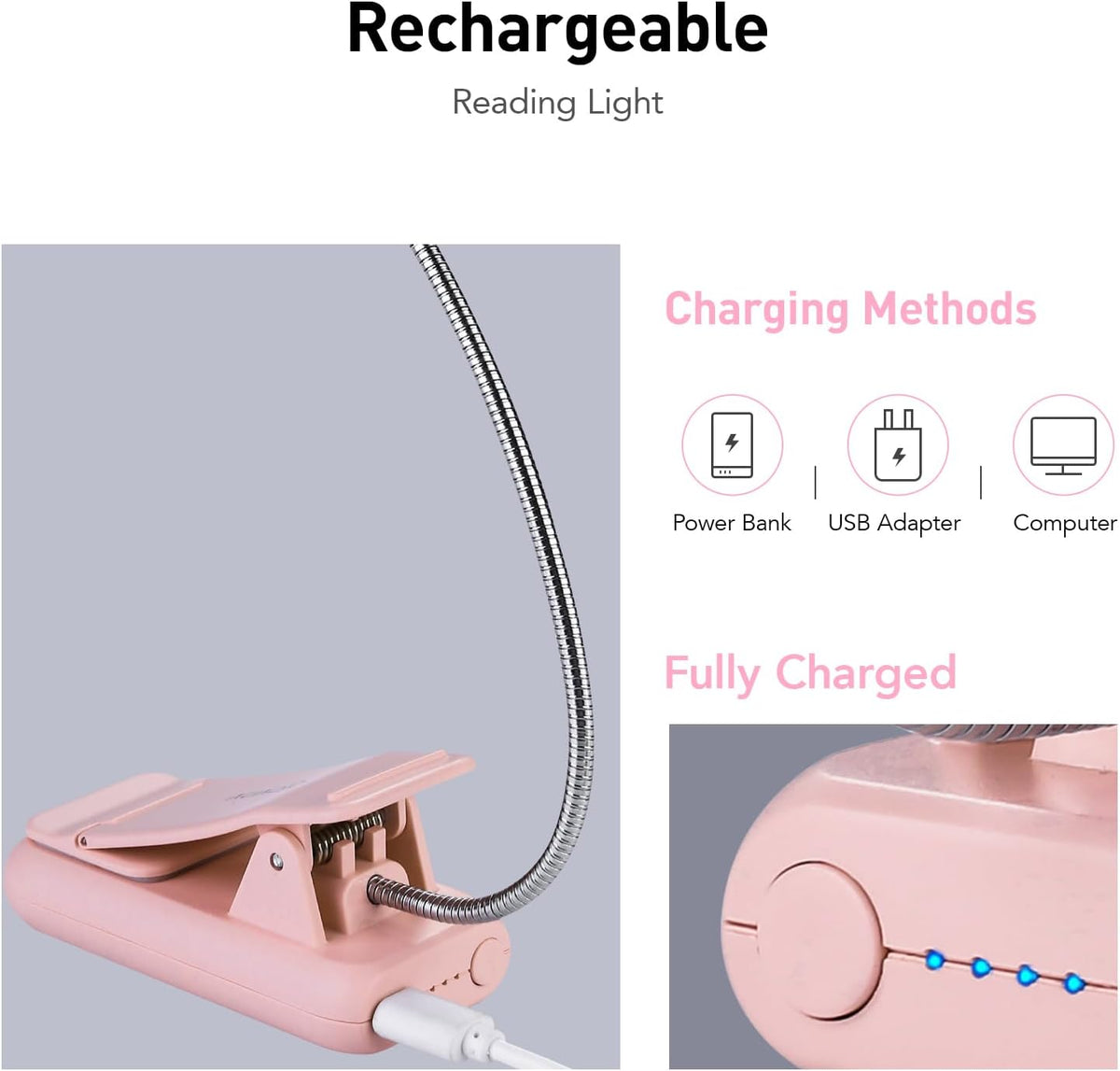 VAVOFO Amber Rechargeable Reading Light, Blue Light Blocking Book Light, 7 LEDs Eye Care 9 Colors 9 Brightness Clip On for Kids Bookworms Reading in Bed with Power Indicator Lasting 70h (Black)