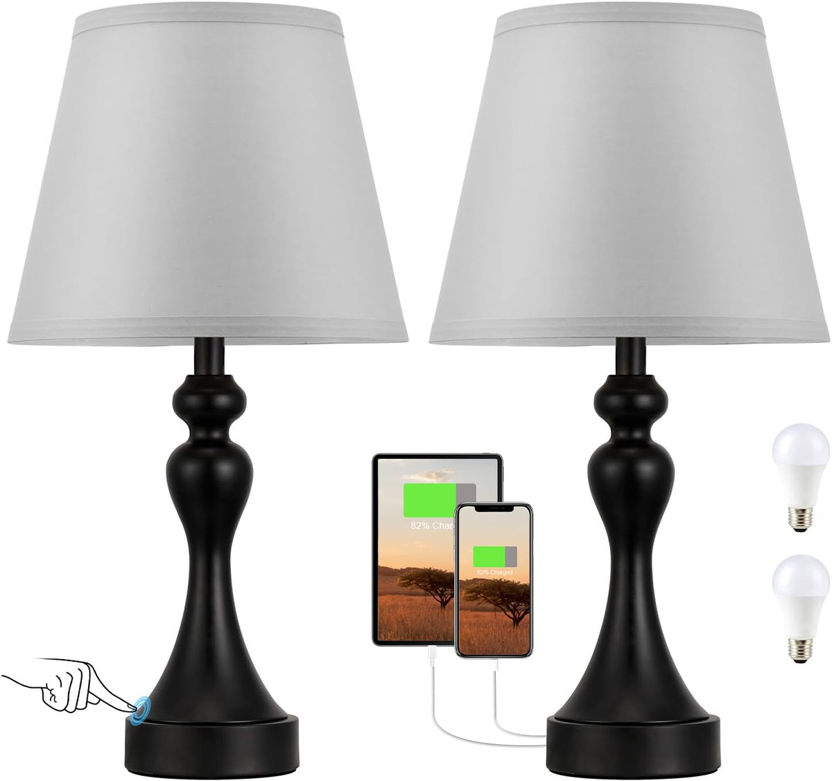 Touch Lamps for Nightstand, 3 Way Dimmable Bedside Lamps with USB C+A Ports