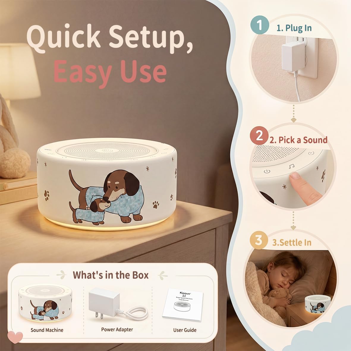 Kipcush White Noise Machine for Baby & Adults, 30 Soothing Sounds, Soft Non-Glare Nursery Lamp, 8 Color Night Lights, Memory Function (Angel V1 White, Standard)