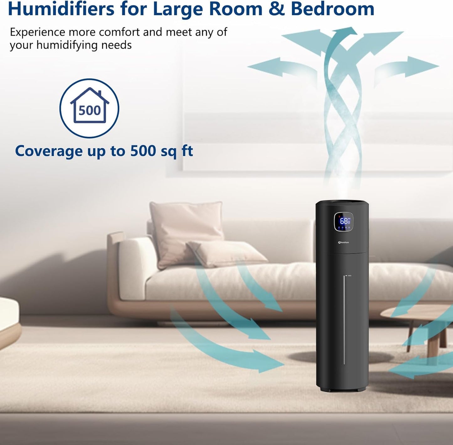 Akeshan Large Humidifiers for Bedroom, 9L/2.5Gal Ultrasonic Cool Mist Humidifier, Top Fill Easy Clean with 350ML/H Large Mist Speed, Quiet, Suitable for Kids Room Plant Yoga Office Study Room Living