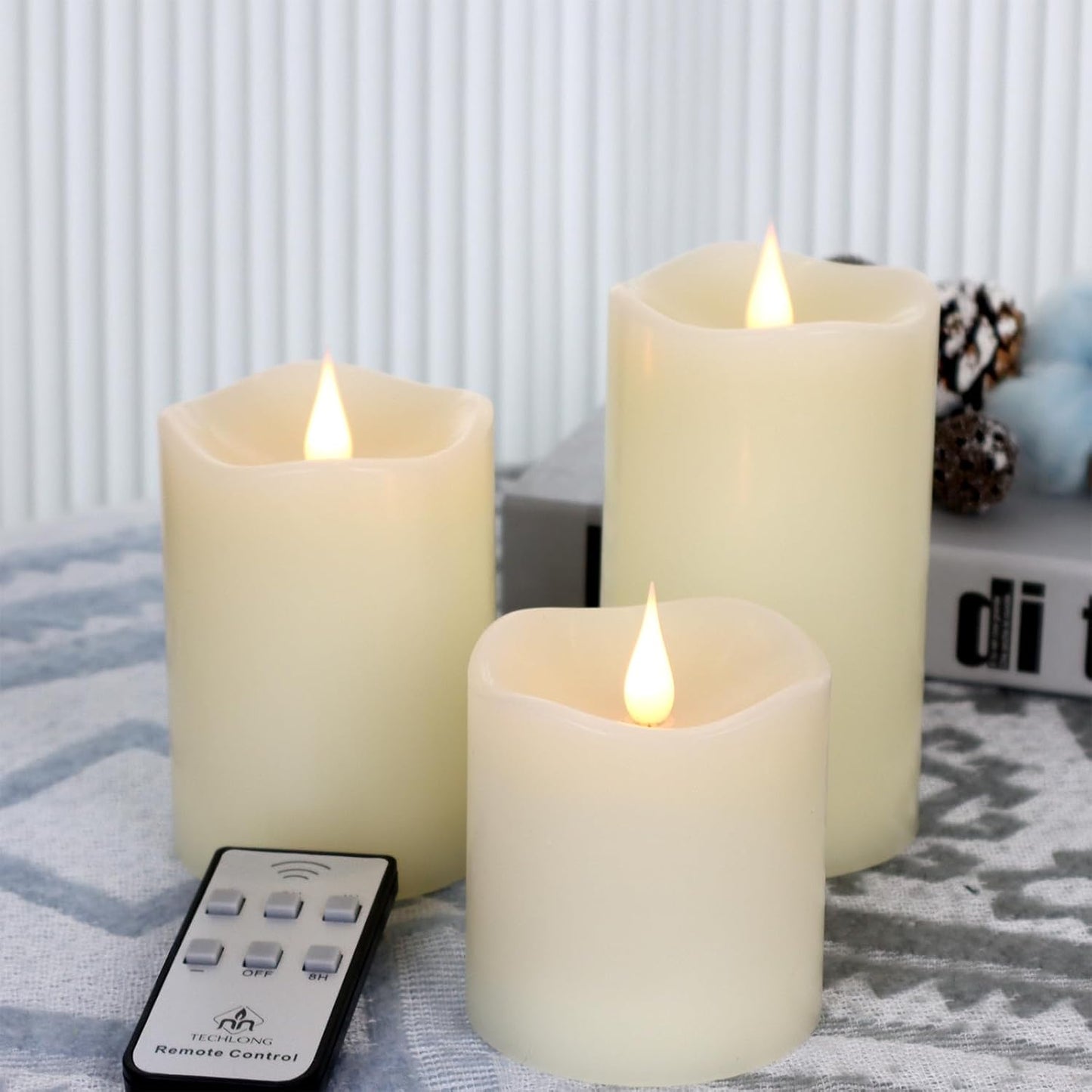 TECHLONG Flameless Candles Battery Operated with Timer, 3D Moving Flame Flickering, Last 600+ Hours Battery Candles, 3" x 3" Ivory Real Wax Electric LED Candle for Wedding Party Decorations