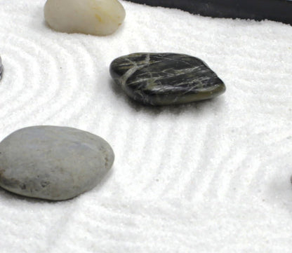 Nature's Mark Mini Zen Garden Kit for Desk with Rake, White Sand, Buddha Figure, Bridge Figure and River Rocks, Black Rectangle Base