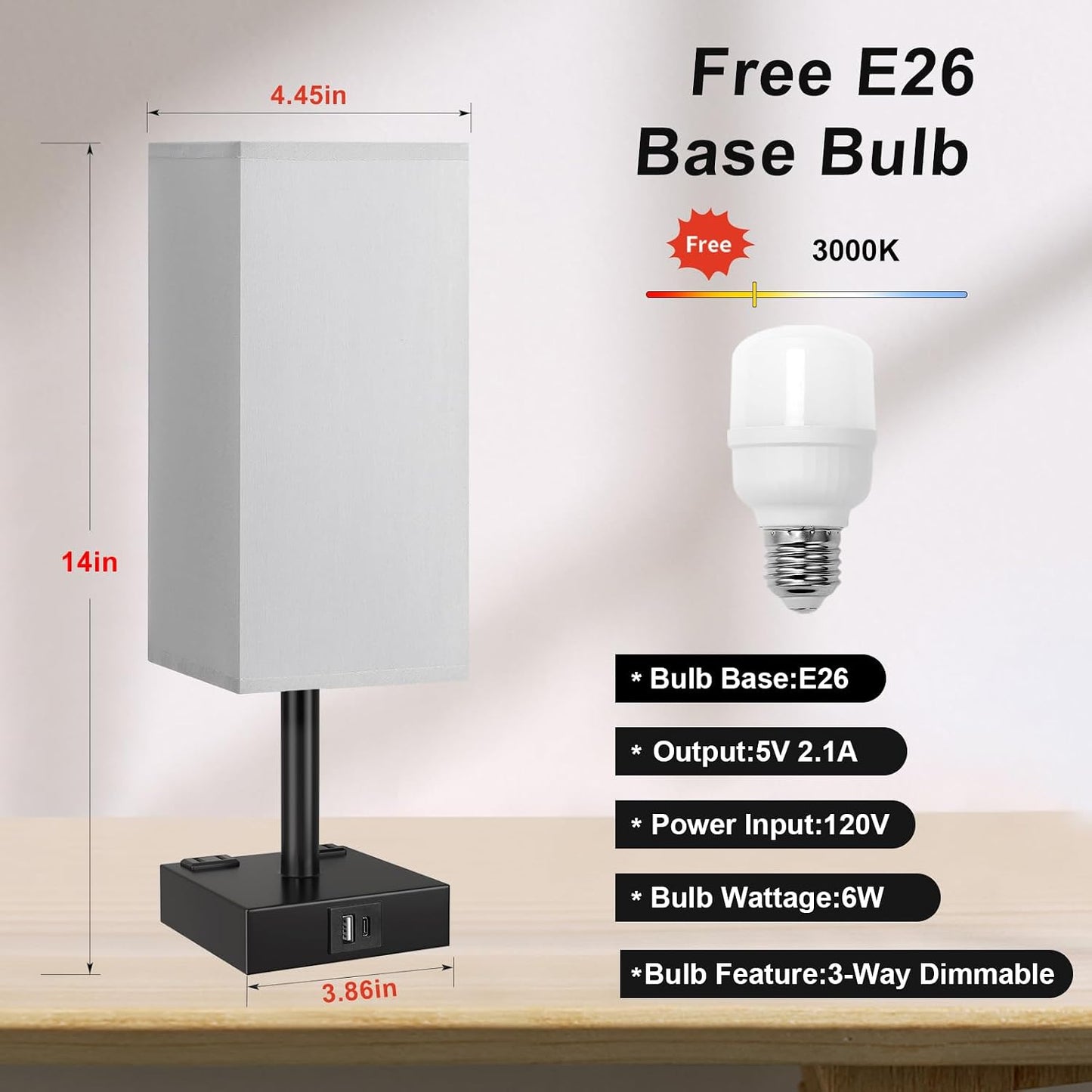 Touch Bedside Table Lamp for Bedroom - Dimmable, USB C+A, 2 AC Outlets