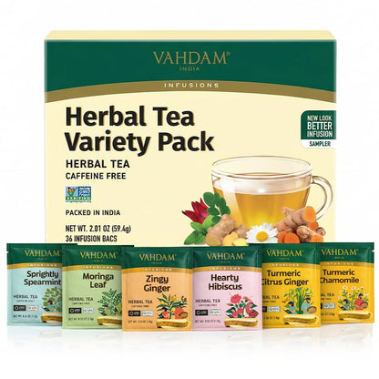 VAHDAM, Assorted Herbal Tea Gift Set (36 Tea Bags, 6 Flavors) Caffeine-Free, Non-GMO | Double Infusion, Individually Enveloped Tea Bags | Herbal Tea variety Pack | Tea Gifts for Women & Men