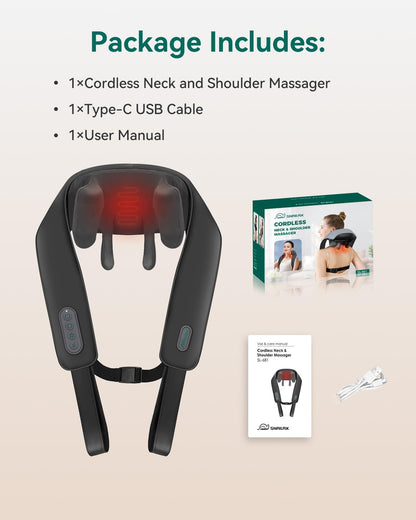 Snailax Cordless Neck Massager with Heat for Pain Relief Deep Tissue, 4D Kneading,Rechargeable Shiatsu Back Neck Massager for Neck, Shoulders Back，Gift for Father