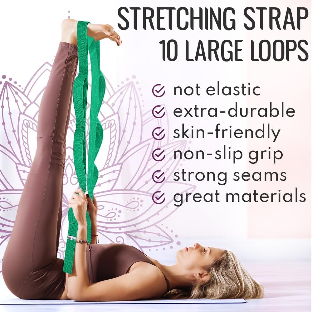 TECEUM Stretching Strap with 10 Loops for Physical Therapy & Rehab | Non-Elastic Yoga Stretch Band for Hamstring, Leg, Hip & Knee Rehab, Pilates, Flexibility & Mobility Exercises for Men & Women