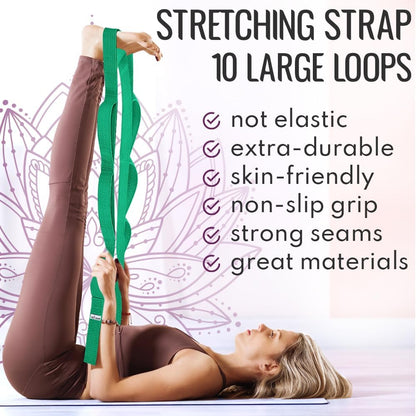 TECEUM Stretching Strap with 10 Loops for Physical Therapy & Rehab | Non-Elastic Yoga Stretch Band for Hamstring, Leg, Hip & Knee Rehab, Pilates, Flexibility & Mobility Exercises for Men & Women