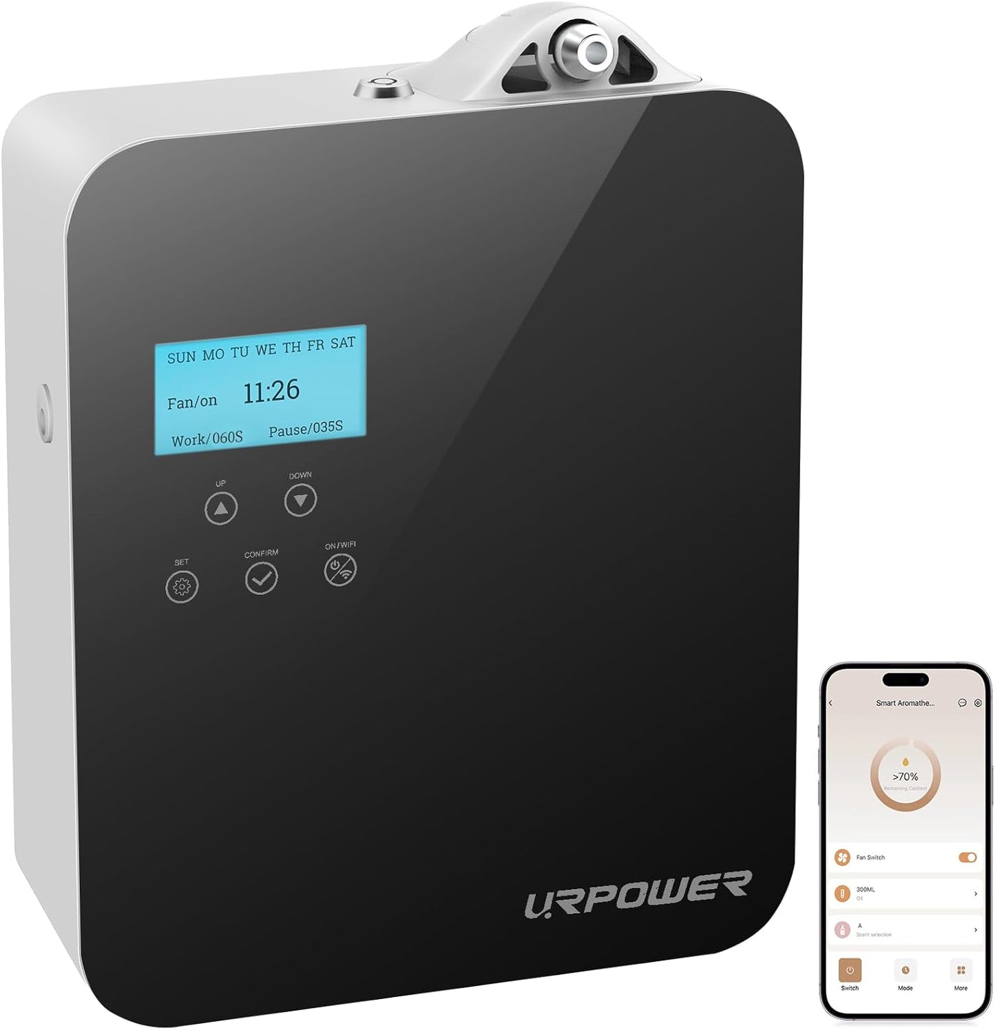 URPOWER 300ml Waterless Nebulizing Scent Diffuser Up to 3000 Sq Ft, Smart APP Control HVAC/Wall Cold-Air Aromatherapy Machine with Lockable Oil Bottle for Home/Office/Hotel Starter Oil Included