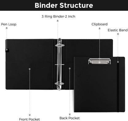 SKYDUE 3 Ring Binder with Clipboard, 13.2" × 10.2" Faux Leather 1 Inch Binder Organizer with 5 Pocket Dividers, Notepad, Labels & 2 Storage Pockets for Teachers, Students, Nurses & Office Work