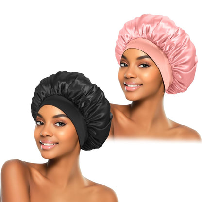 ZHENSILK 2Pcs Silk Bonnet for Sleeping, Satin Hair Bonnets, Soft Elastic Band Silk Sleep Cap, Hair Wrap for Women (Black Gold)