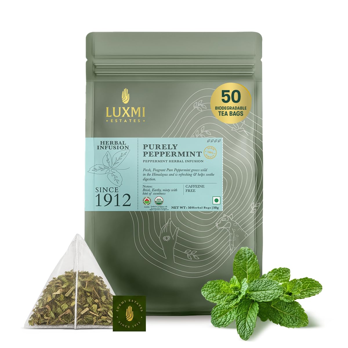 Luxmi Estates Purely Peppermint Tea Bags (50 count) | USDA Certified Organic Caffeine Free Herbal Tea | Mint Tea Best for Night Time