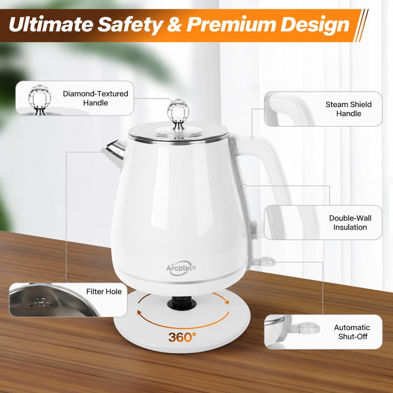 1.8L Electric Kettle, Tea Kettle with Fast Boil 1350W, Pearl White