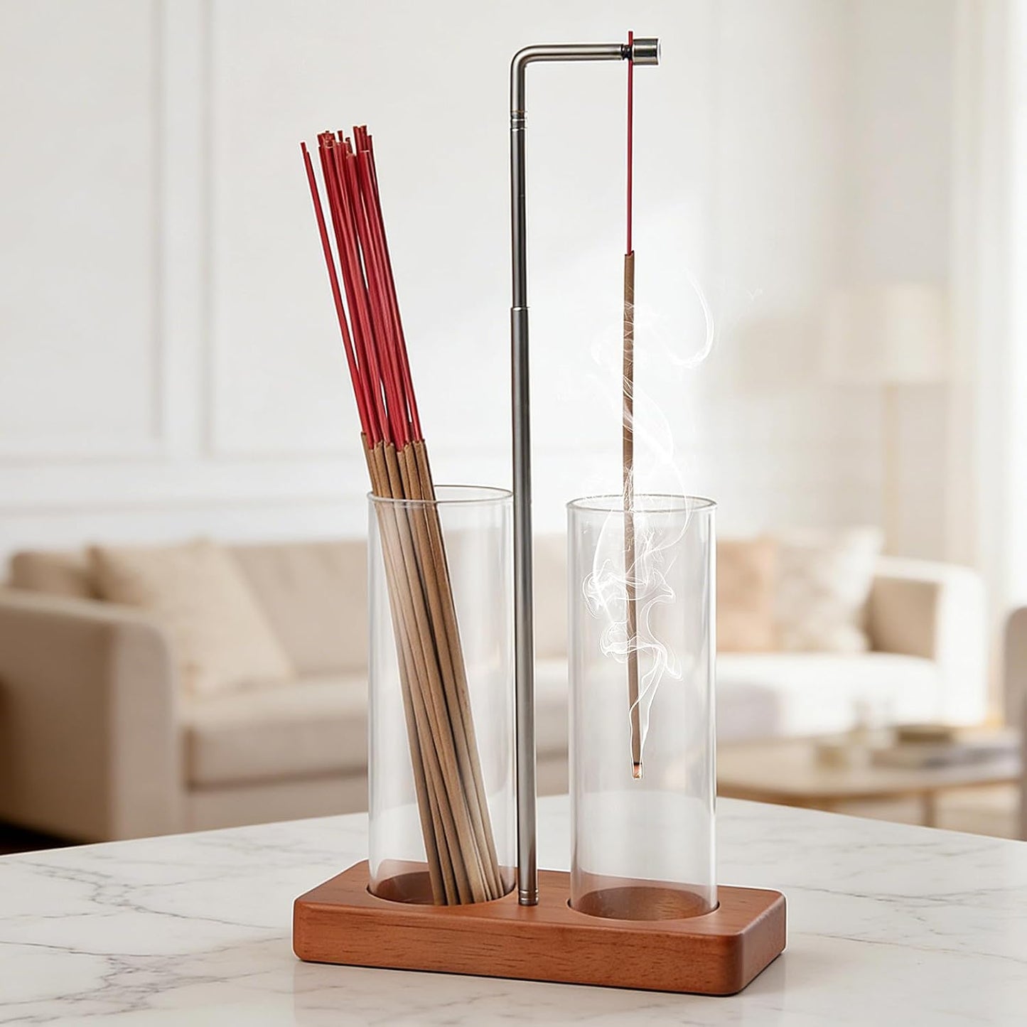 Incense Holder for Sticks, 2 in 1 Incense Sticks Burner with Glass Ash Catcher & Storage, Upside Down Incense Holder with Brush, Anti-Ash for Yoga Meditation Spa Outdoor Patio(Extends 8.7"-13.4")