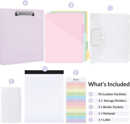 SKYDUE 3 Ring Binder with Clipboard, 13.2" × 10.2" Faux Leather 1 Inch Binder Organizer with 5 Pocket Dividers, Notepad, Labels & 2 Storage Pockets for Teachers, Students, Nurses & Office Work