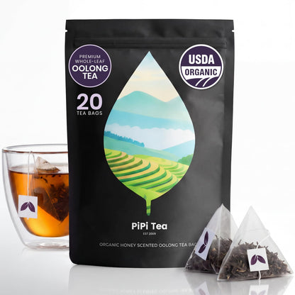 PiPi Tea Organic Oolong Tea Bags – Whole Leaf, 20 Bags (4g Each) – Cortisol & Calming Tea for Anxiety, Stress, Weight Loss – Bulk Loose Leaf Oolong Tea