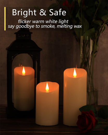 TECHLONG Flickering Flameless Candles with 3D Moving Flame, Last 1000+ Hours Battery Operated Candles with Timer, Ivory Real Wax Pillar Electric LED Candle for Wedding Christmas Party/3" x 5"