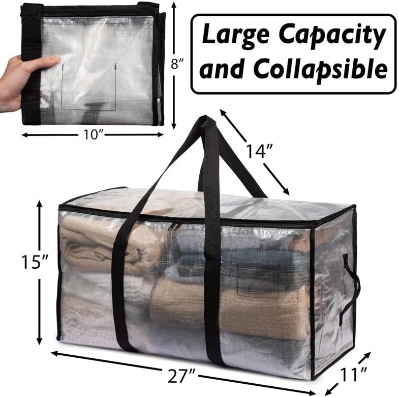 ClearSpace Heavy Duty Moving Bags - Water Resistant Storage Bags with Backpack Straps, Zippers and Handles - Large Moving Boxes for College Dorm, Travel, Closet Organization -, Clear