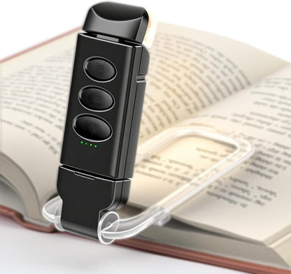 Book Reading Light, Rechargeable Book Lamp Clip on, Booklight with 5-Level Dimmable Brightness & 3 Color Temperatures, 360° Rotatable USB Eye Caring LED Night Reading Lamp for Bed, Travel