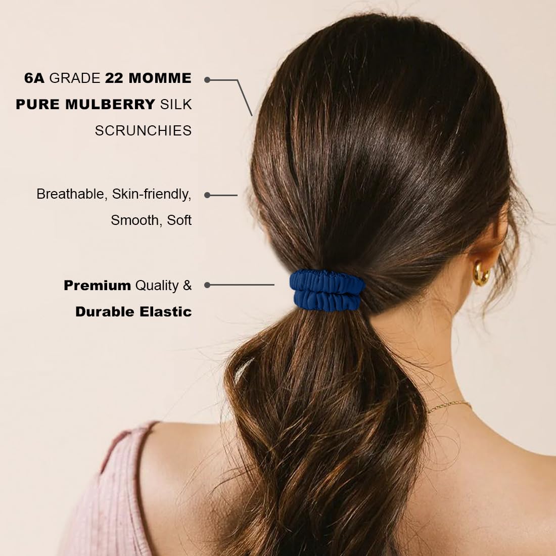 Mulberry Silk Scrunchies 4 Pack - Non Slip, Black Small Thin Silk Scrunchies for Women, Sleepy Ties for Thick Hair