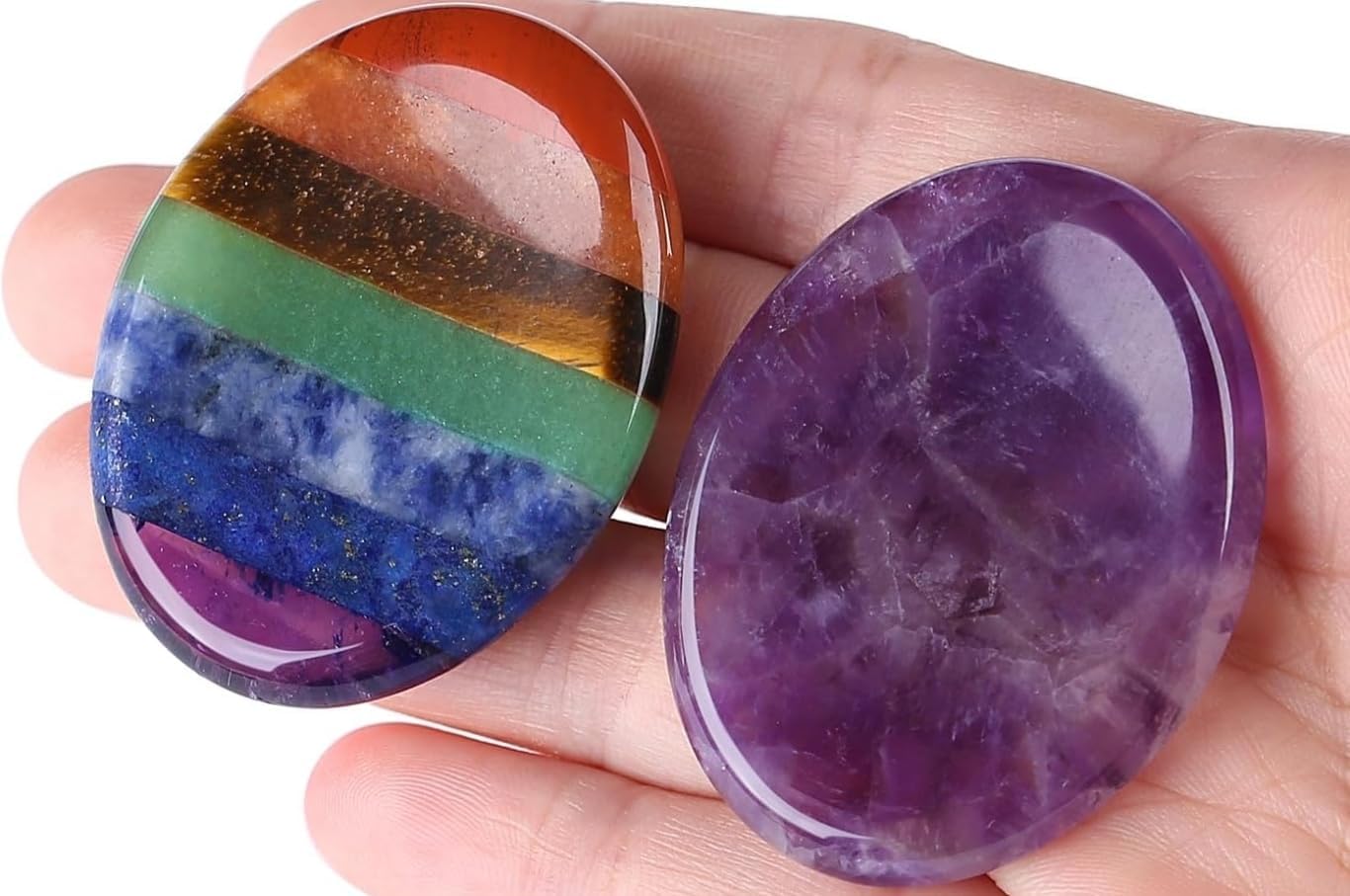 2PCS Worry Stone for Anxiety Tigers Eye Amethyst Healing Crystals Hand Thumb Stones Pocket Gemstones Meditation Accessories Oval Crystal Natural Relax Palm Stone Anxiety Relief Items Stocking Stuffers