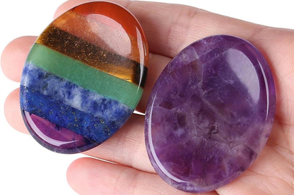 2PCS Worry Stone for Anxiety Tigers Eye Amethyst Healing Crystals Hand Thumb Stones Pocket Gemstones Meditation Accessories Oval Crystal Natural Relax Palm Stone Anxiety Relief Items Stocking Stuffers