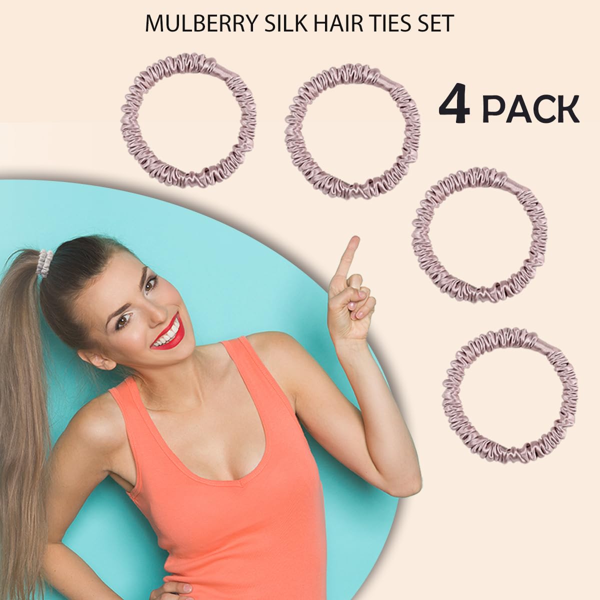 22 Momme 100% Pure Mulberry Silk Scrunchies (4 PCS) - Small Hair Elastics and Ties for Women, Sleep Hair Care, No Damage, Black