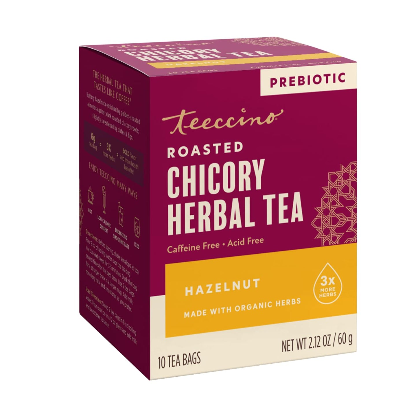 Teeccino Holiday Herbal Tea Sampler Assortment - Candy Cane, Gingerbread, Snickerdoodle - Caffeine-Free Holiday Dessert Teas with Prebiotic Chicory, 12 Tea Bags
