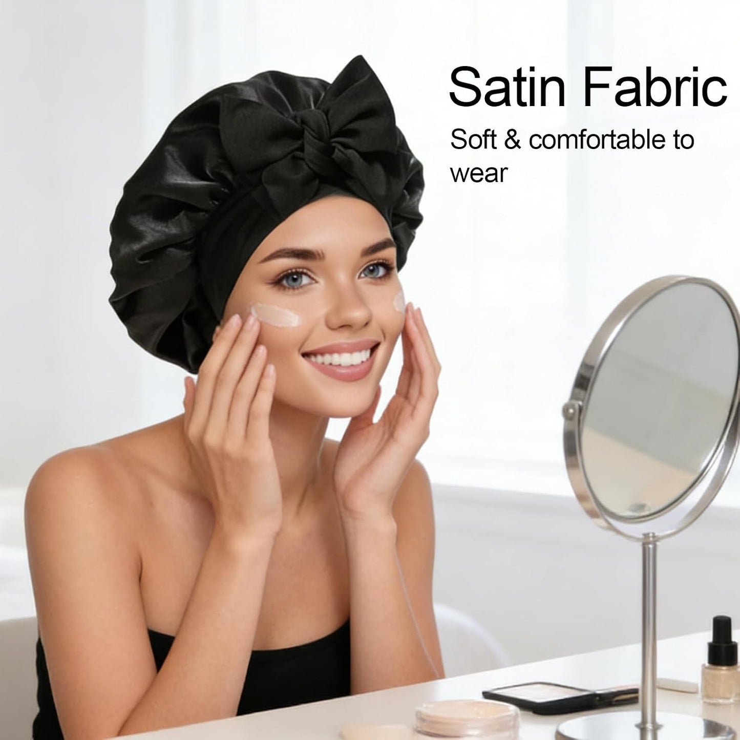 Silk Bonnet for Sleeping, Women Double Layer Satin Hair Bonnet with Elastic Tie Band Sleep Cap for Curly Hair