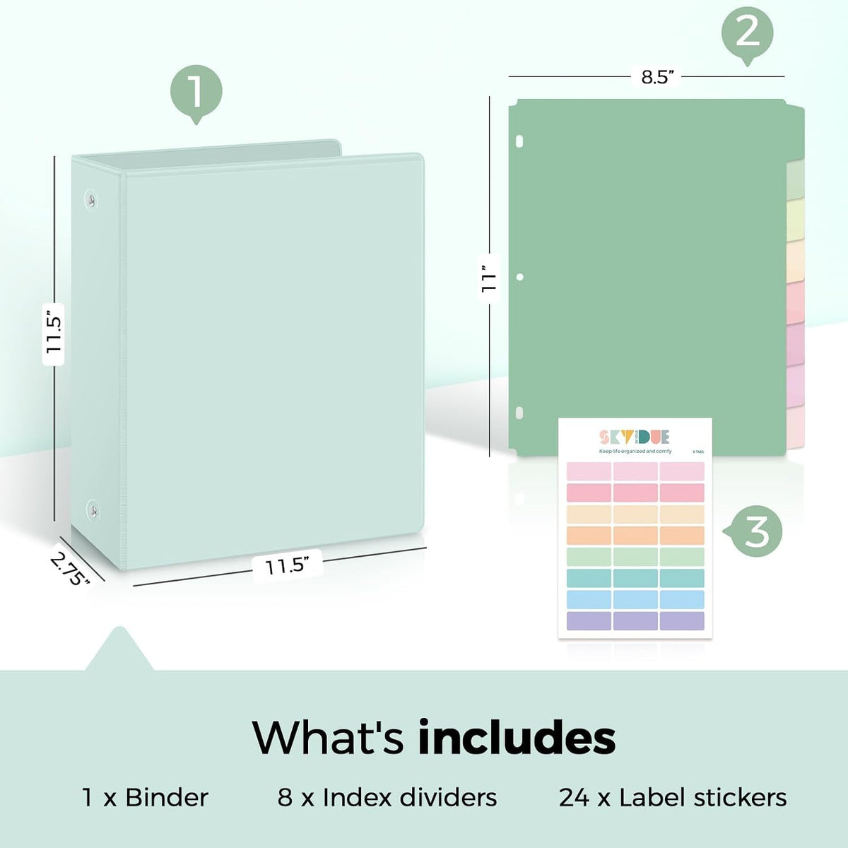 SKYDUE 1 Inch 3 Ring Binder with 8 Tab Dividers & 24 Labels, Pastel Binder Organizer for Letter Size Paper, Aesthetic School Binder for Notes, Documents, Office & Home Organization, Purple