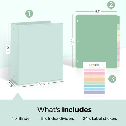 SKYDUE 1 Inch 3 Ring Binder with 8 Tab Dividers & 24 Labels, Pastel Binder Organizer for Letter Size Paper, Aesthetic School Binder for Notes, Documents, Office & Home Organization, Purple