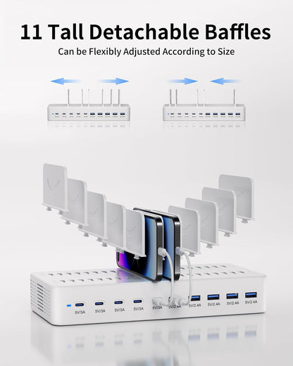 100W Charging Station for Multiple Devices, 10-Port USB Fast Charger, Black