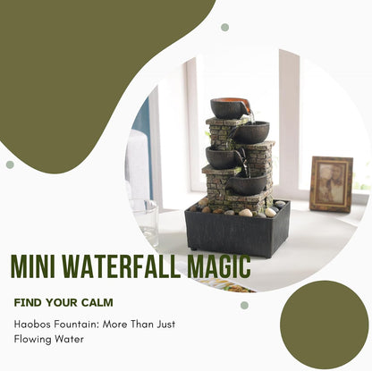 Haobos Indoor Tabletop Fountain 3-Tier Rockery Relaxation, Soothing Sound Home/Office/Bed Room Decor,Gifts for Mom/Grandma Relaxing Waterfall Meditation Tabletop Fountain LED Lights