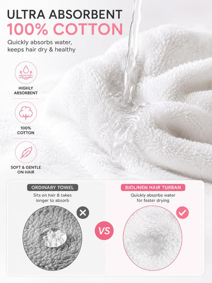 BIOLINEN Cotton Hair Towel Wrap for Women 3 Pack, Super Absorbent Quick Dry Hair Turban, Anti Frizz Drying Towel for Curly Long Hair, White 10x25