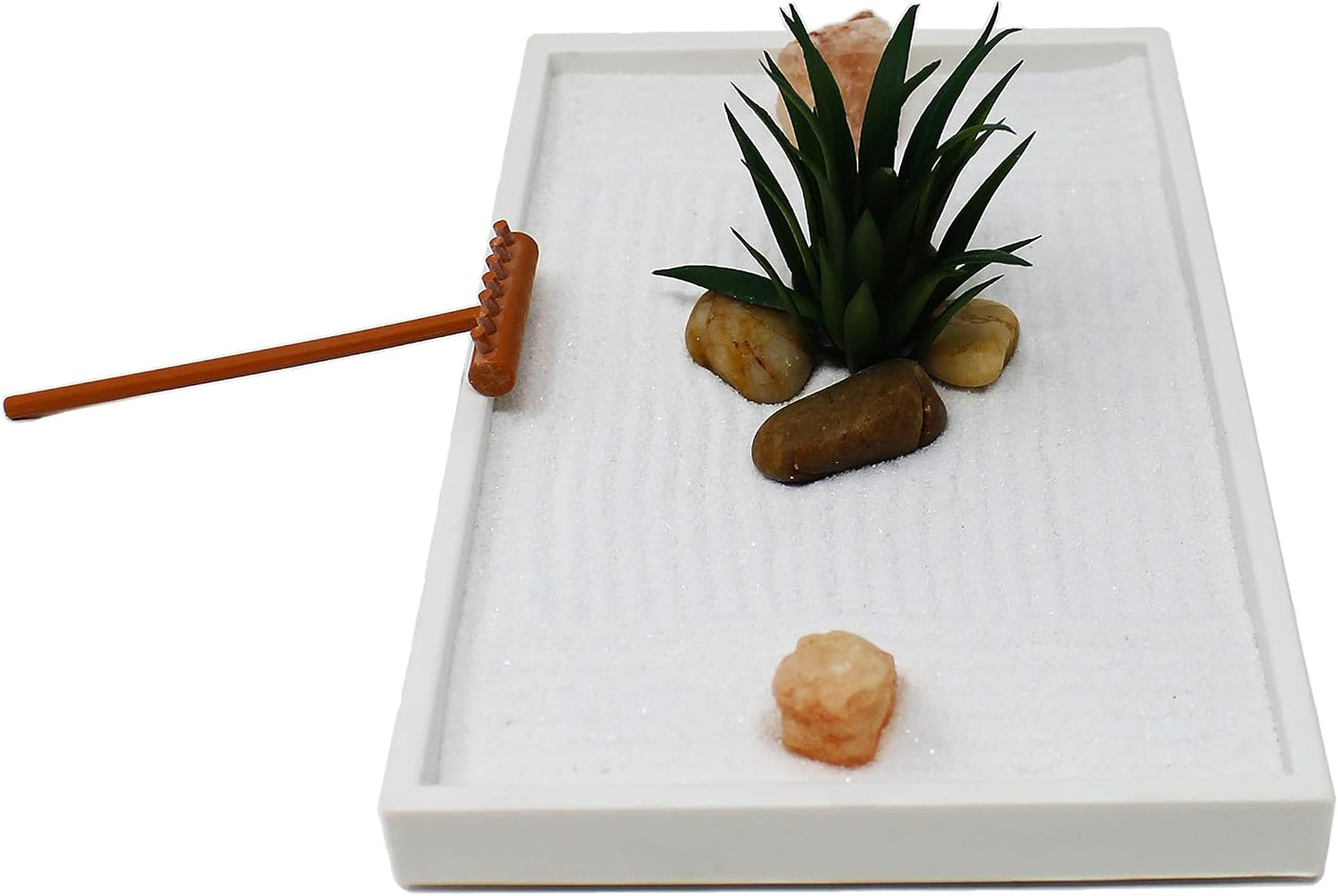 Nature's Mark Mini Zen Garden Kit for Desk with White Sand, Rake, White Base, Salt Rock and Air Plant (Round)