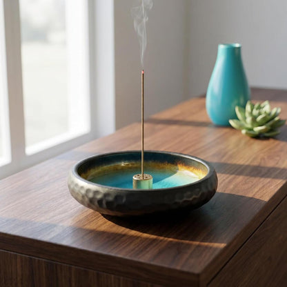 6 Inch Incense Holder with Ash Catcher,Handmade Crack Blue Glaze Ceramic Incense Burner Bowl with 9-Hole Design for Sticks,Cones,Coils Sage,Palo Santo - Perfect for Meditation,Yoga & Zen Home Décor
