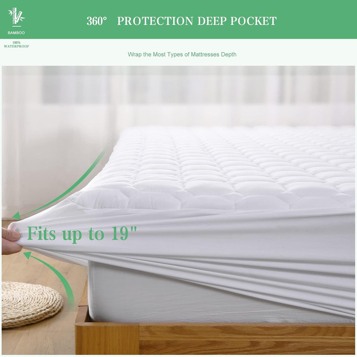 2 Pack Twin Waterproof Mattress Protector Deep Pocket Mattress Cover, Soft Breathable Mattress Pad, Fitted Noiseless Waterproof Bed Cover Stretch to 19"