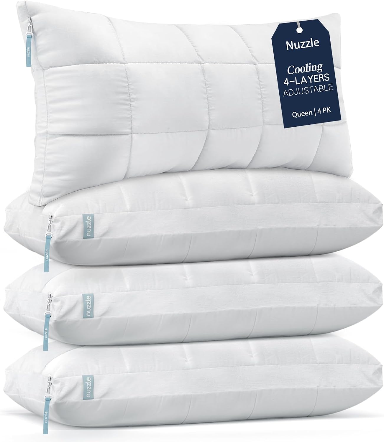 Nuzzle Cooling Adjustable Pillow for Side Sleepers,Queen Size Bed Pillow 4 Pack – Hotel Luxury Neck Support, Height Adjust Soft Sleeping Pillow for Back, Stomach or Side Sleepers-Home Gift