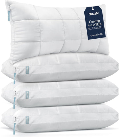 Nuzzle Cooling Adjustable Pillow for Side Sleepers,Queen Size Bed Pillow 4 Pack – Hotel Luxury Neck Support, Height Adjust Soft Sleeping Pillow for Back, Stomach or Side Sleepers-Home Gift