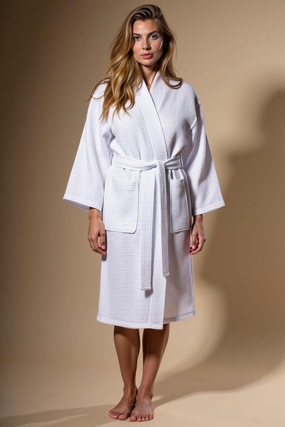 Turquaz Lightweight Waffle Knit Kimono Bathrobe - Soft Cotton Blend Spa Robe, Fast-Drying Full-Length Unisex Robes for Women