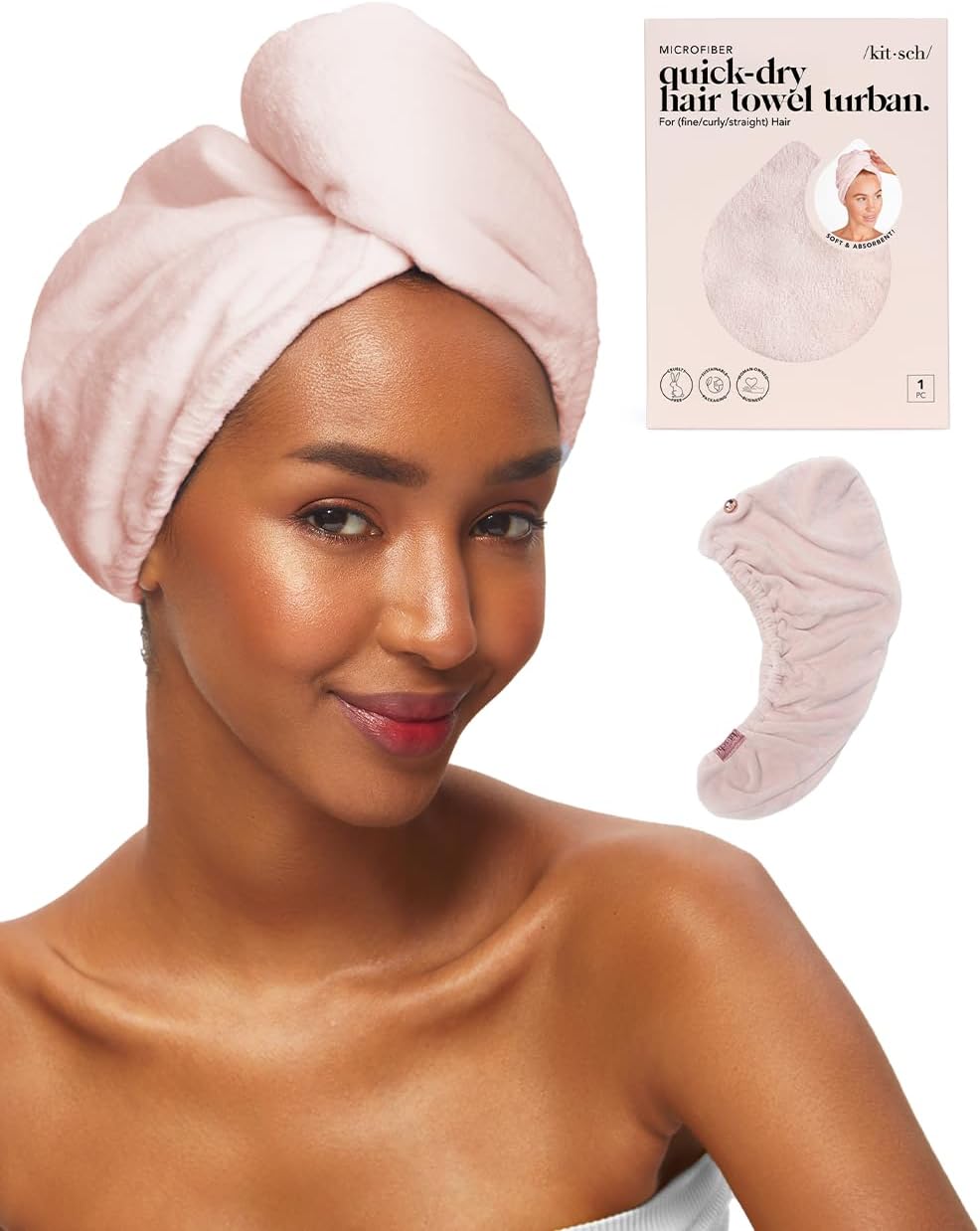 Kitsch Microfiber Hair Towel Wrap for Women – Ultra Absorbent Microfiber Bath Towels for Wet, Curly, Long or Short Hair – Anti-Frizz Hair Wrap, Great Hair Products Gift for Women – Pink