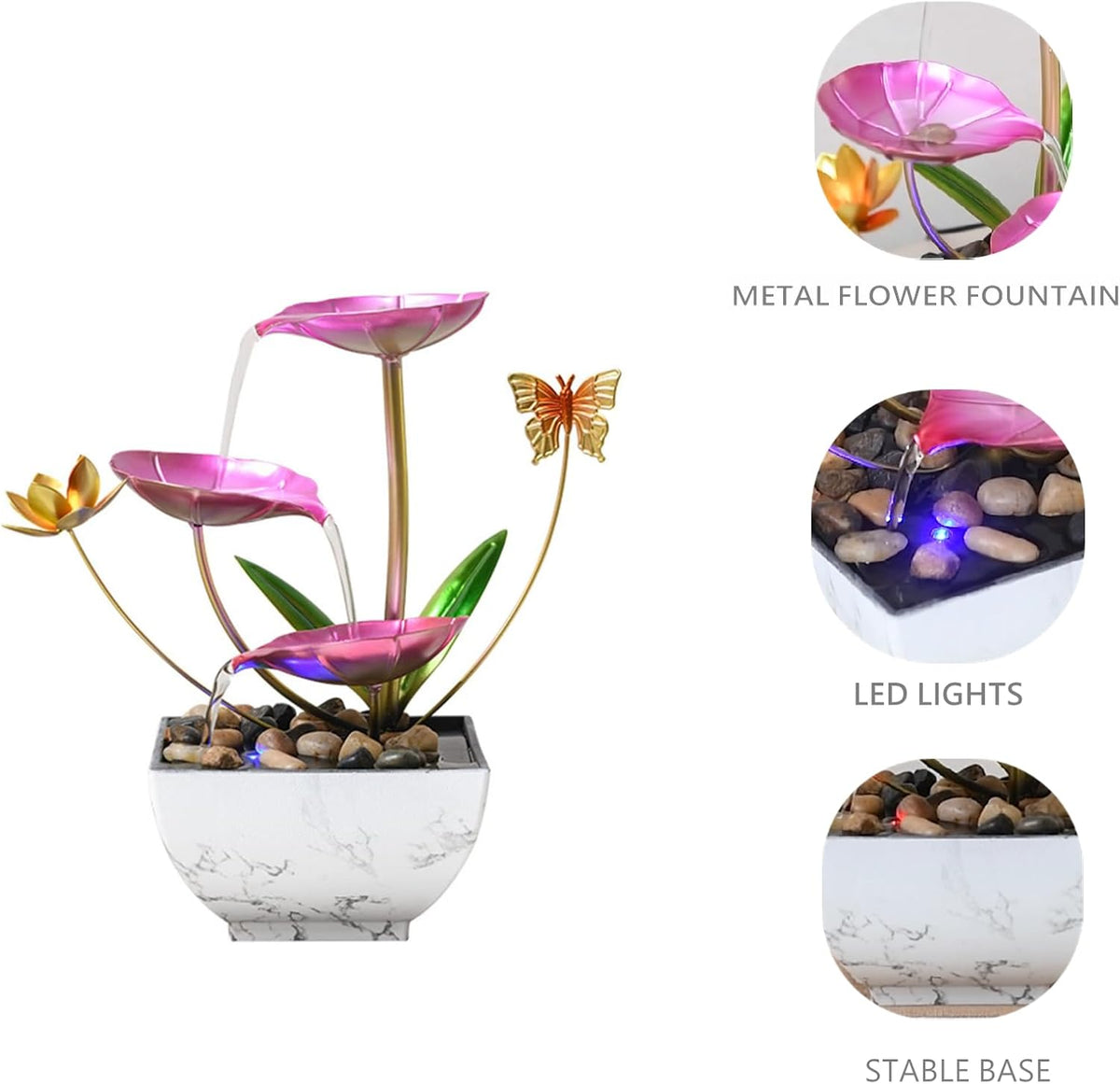11‘’ H Pink Tabletop Water Fountain, Zen Desktop Waterfall, Indoor Lotus Desktop Decorative Fountain, Home Bathroom Bedroom Decor.
