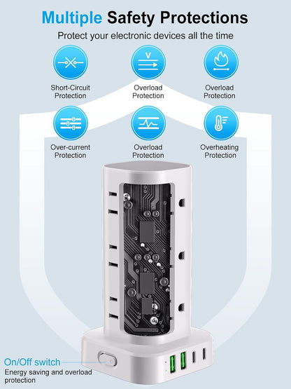 6FT Power Strip Tower Surge Protector, 12 Wide Spaced Outlets, 4 USB