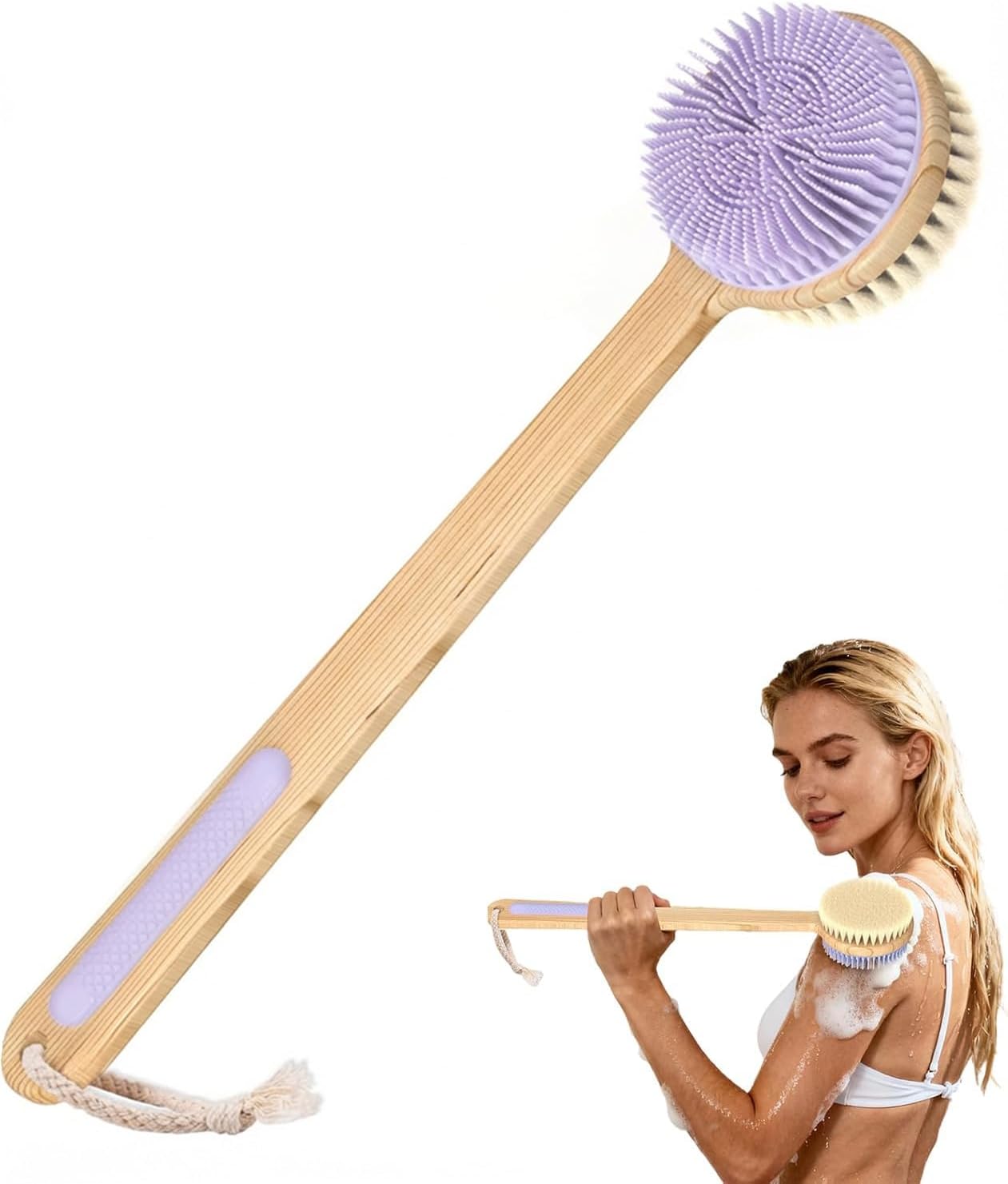 Back Scrubber for Shower，17in Bamboo with Curved Long Handle - Stiff Natural Boar Bristles for Men and Women, Deep Cleansing and Exfoliating, Anti-Slip Grip for Wet or Dry Brushing