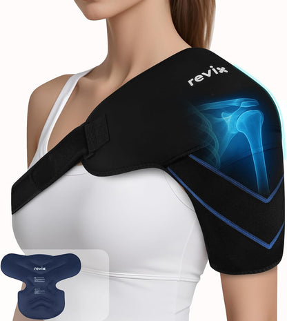 REVIX Large Shoulder Ice Pack Wrap, 2 Gel Packs+1 Shoulder Brace for Rotator Cuff and Arm, Reusable Gel Cold Therapy Wrap for Discomfort Relief & Muscle Relaxation, Easy to Wear & Remove