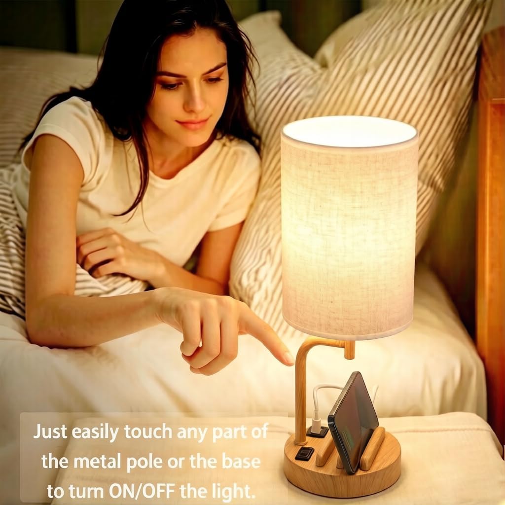 Dreamholder Touch Control USB Table Lamp with USB C/A & AC Outlet, 3-Way Dimmable Bedside Lamp, Modern Nightstand Lamps for Bedroom Living Room Guest Room Office, Bulb Included, Gold
