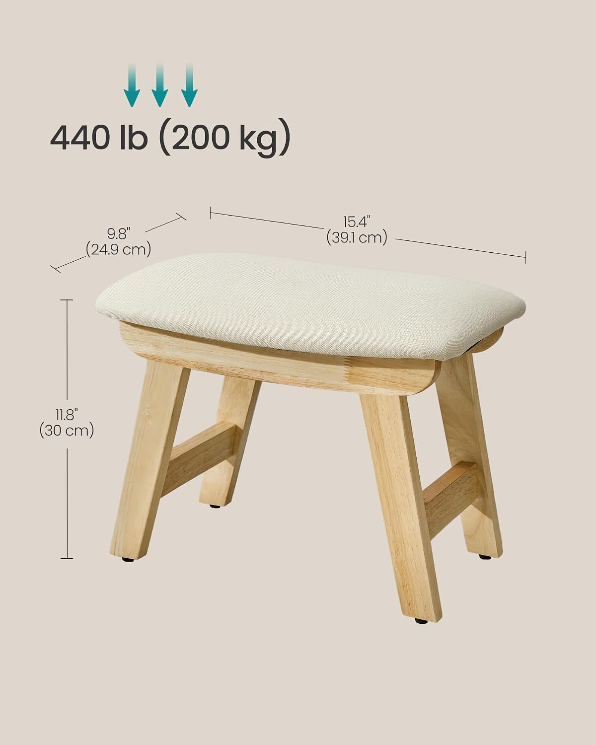 SONGMICS Foot Stool Ottoman, Padded Foot Rest Under Desk with Solid Wood Frame, Removable Cover, for Living Room, 9.8 x 15.4 x 11.8 Inches, Summer Sand and Brown ULSF052LF01