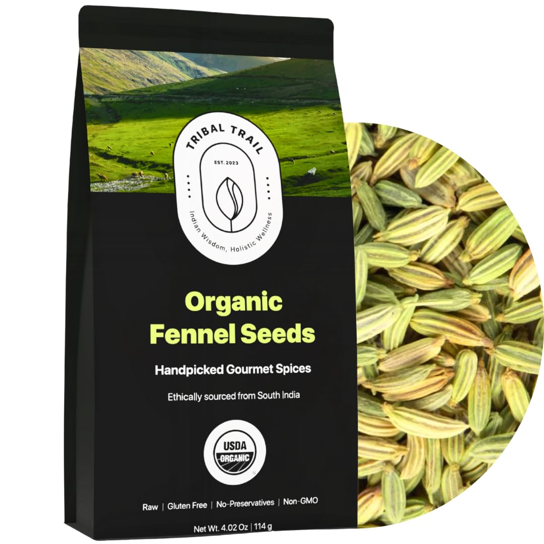 Tribal Trail Fennel Seeds Organic | 4.02 oz | USDA Organic & Non-GMO | Recyclable Kraft Bags | Best for Tea, Smoothies & Cooking | Ethically Sourced Spices from South India