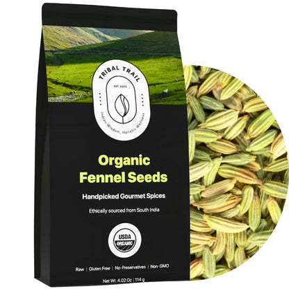 Tribal Trail Fennel Seeds Organic | 4.02 oz | USDA Organic & Non-GMO | Recyclable Kraft Bags | Best for Tea, Smoothies & Cooking | Ethically Sourced Spices from South India