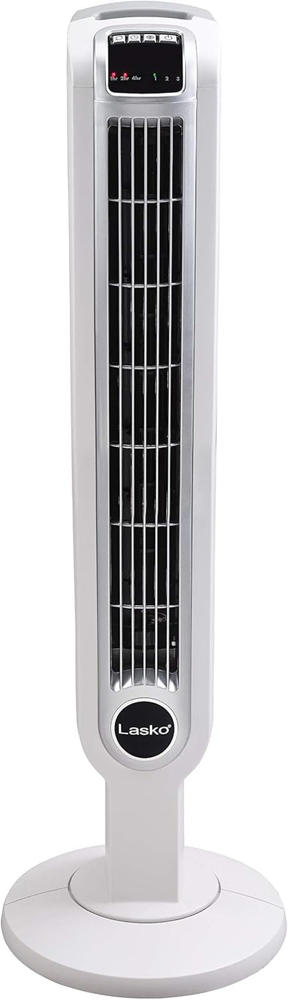 Lasko Oscillating Tower Fan with Remote Control and Timer - Quiet Standing Fan for Bedroom, Office, and Home - 3 Speeds - Powerful Cooling Air - 2510 - 36" Tall - White